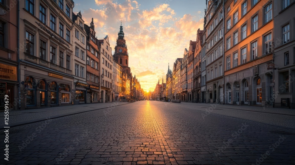 Fototapeta premium Sunrise On Cobblestone Street In European City
