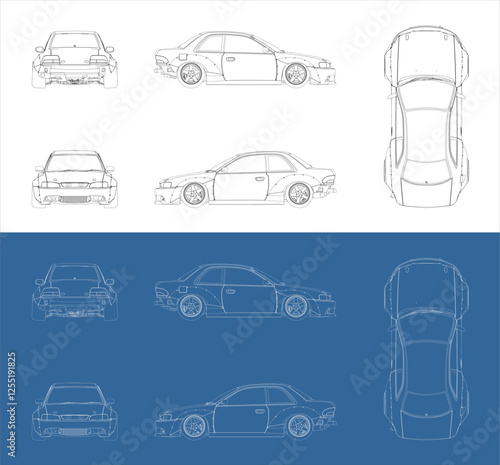 Custom Drift Racing Car Blueprint Line Drawing Technical Vector Design