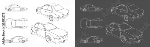 Set Racing Drift Car Line Drawing Technical Blueprint Illustration