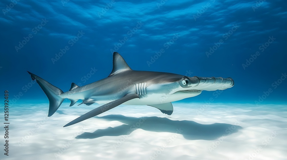Fototapeta premium A lone hammerhead shark patrolling the ocean depths, moving gracefully through silence.
