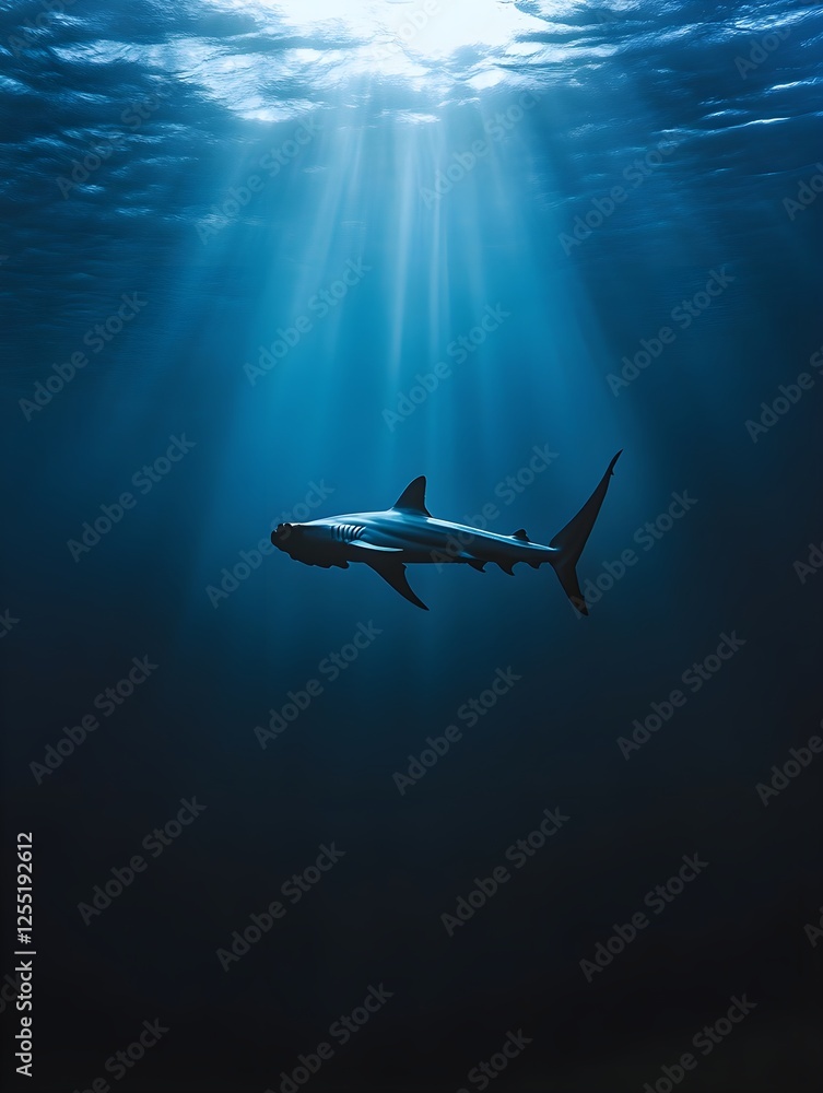 Fototapeta premium A lone hammerhead shark patrolling the ocean depths, moving gracefully through silence.