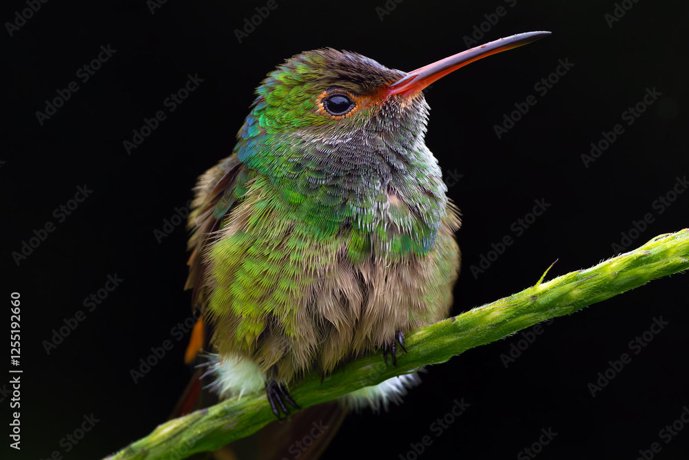 Fototapeta premium Rufous-tailed hummingbird (Amazilia tzacatl) sitting on a branch. A small green hummingbird with a red beak and a dark background