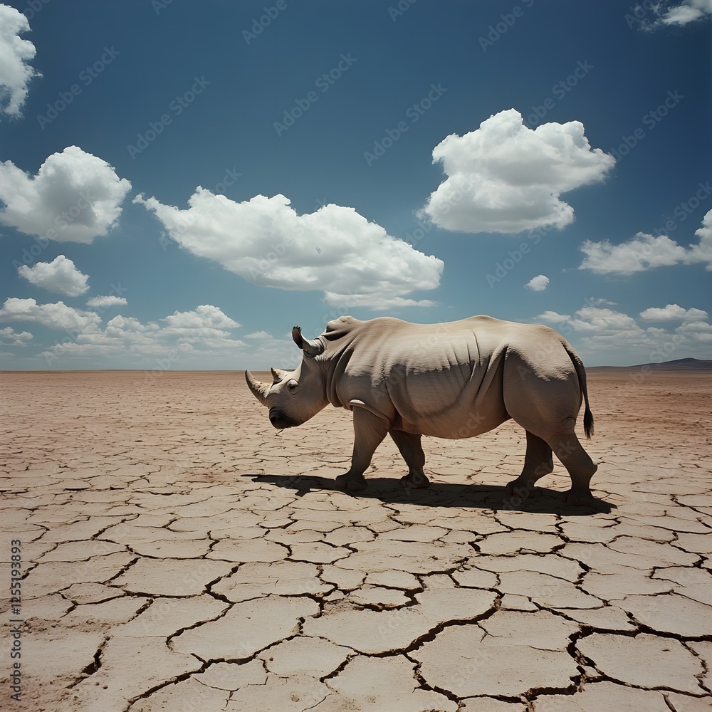 Fototapeta premium A lone rhinoceros standing at a watering hole, its reflection visible in the still water.