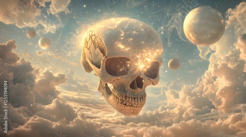 Glowing skull floating among clouds and celestial bodies photo