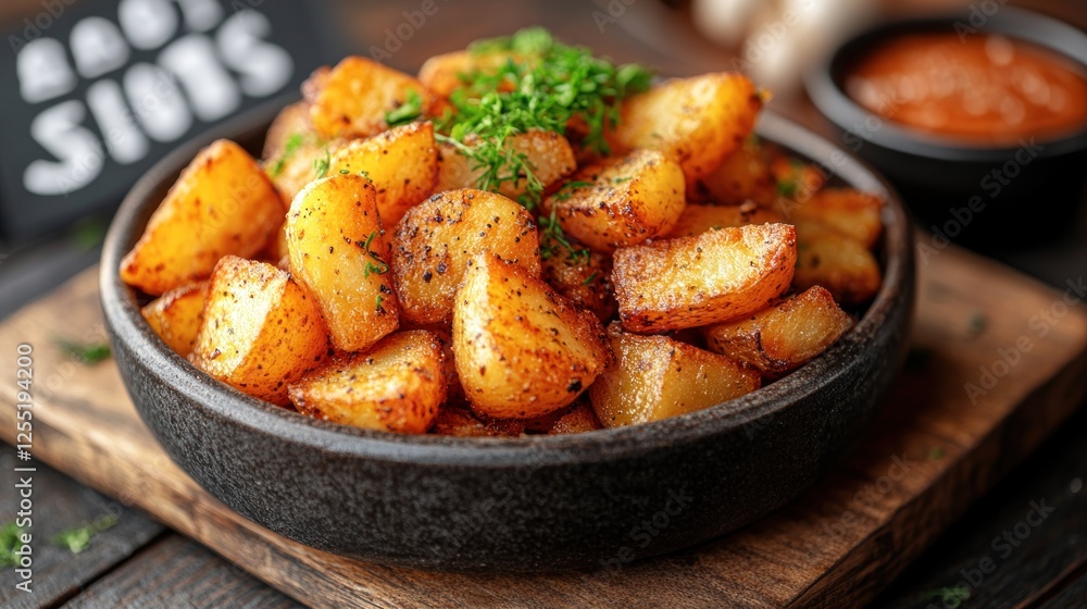 Roasted potatoes in a bowl with herbs and spices. Roasted potatoes in a bowl with herbs and spices.
