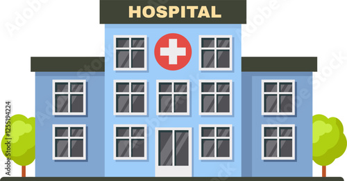 Modern hospital building with red cross symbol and trees, representing healthcare, medical services, and emergency care in a simple and accessible way