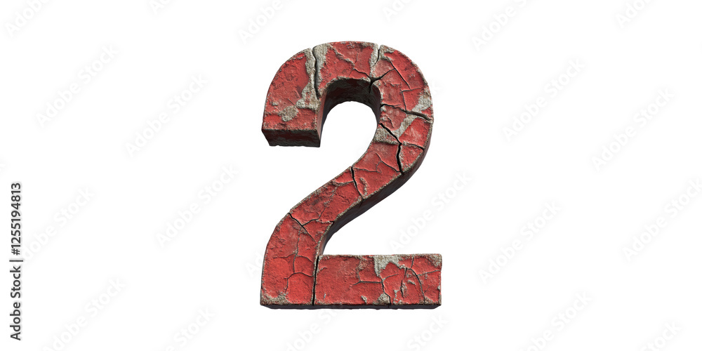 Textured red number 2 with cracked surface isolated on transparent background Textured red number 2 with cracked surface isolated on transparent background