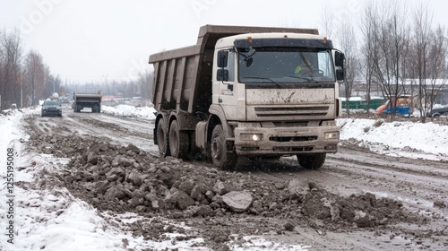 Dump truck on snowy, muddy road photo
