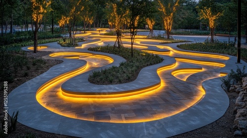 Curvilinear pathways in a park at dusk, illuminated by warm golden lights. photo