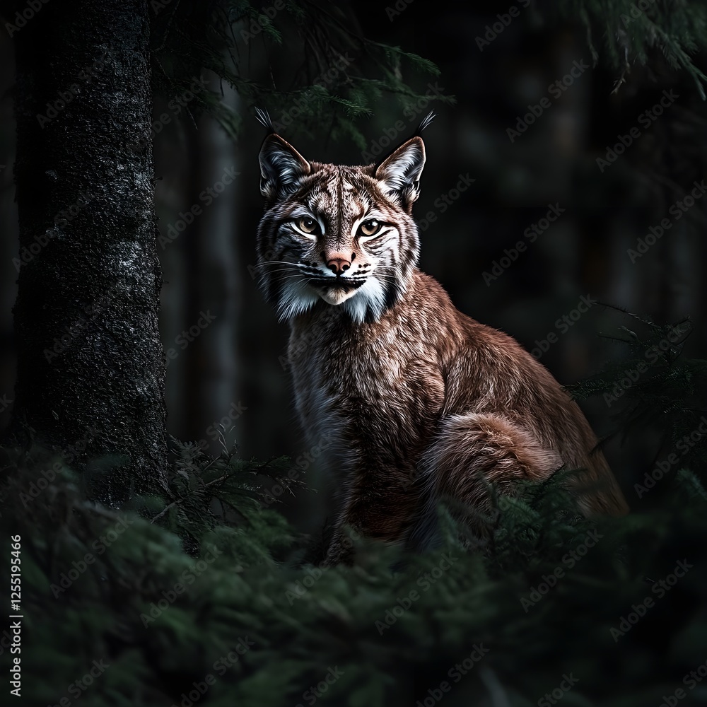 Fototapeta premium A lynx crouching in the shadows of a dense pine forest, its fur blending into the twilight.