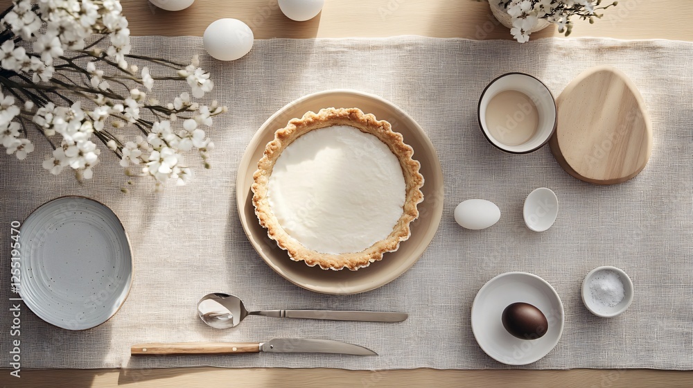 A Scandinavian-inspired Easter tart scene with minimalistic plating, soft natural light, and a neutral-toned wooden table A Scandinavian-inspired Easter tart scene with minimalistic plating, soft natural light, and a neutral-toned wooden table