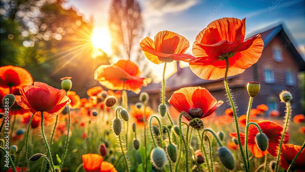 Sun-drenched poppies ablaze in vibrant red, capturing summer's essence. Sun-drenched poppies ablaze in vibrant red, capturing summer's essence.