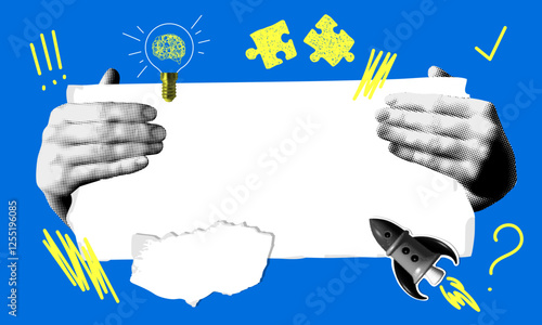 Pop art style banner with halftone hands holding sheet of paper. Modern collage with rocket, puzzle, light bulb. Business startup concept. Creating ideas