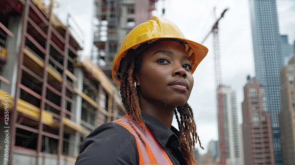 A confident construction worker wearing a hard hat and safety vest on a building site. A confident construction worker wearing a hard hat and safety vest on a building site.