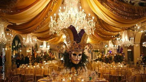 Elegant Gold Masquerade Ball Festive Decor Luxurious Event Rich Atmosphere Grand Ballroom Crystal Chandeliers Festive Celebration Opulent Setting     