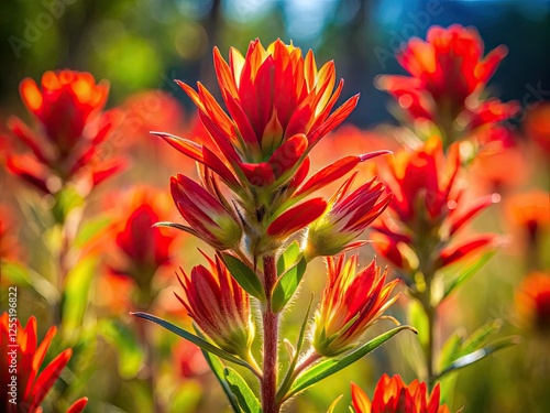 Texas Indian Paintbrush: a vibrant spring wildflower blooms brightly under a sunny sky. photo