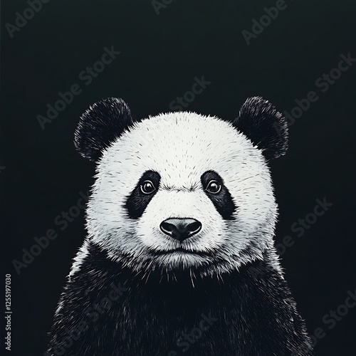 Close-up portrait of a panda, against dark background. Suitable for prints or wall art photo