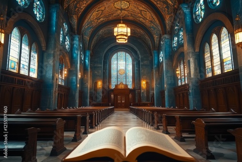 Ornate church interior with stained glass and high arches photo