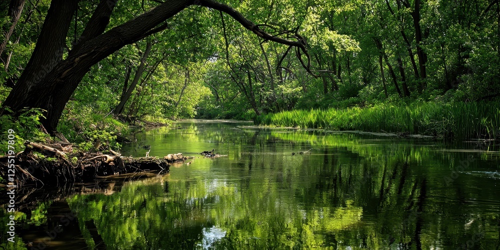 Tranquil River Reflecting Lush Green Canopy in Secluded Natural Setting Tranquil River Reflecting Lush Green Canopy in Secluded Natural Setting
