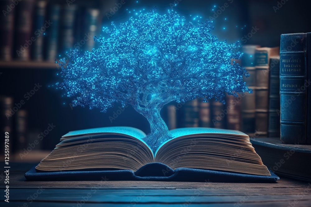 Fototapeta premium Glowing tree of knowledge growing from open book in library