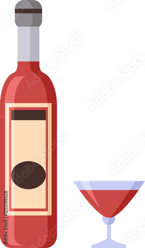 Bottle of red wine with blank label and a glass partially full, suggesting a moment of relaxation or celebration, isolated on white background