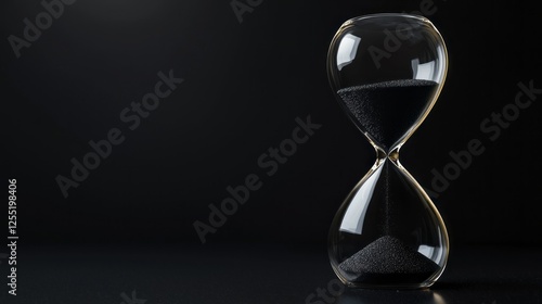 An hourglass filled with black sand stands gracefully against a dark backdrop, symbolizing the passage of time. Its shape evokes a sense of tranquility and contemplation