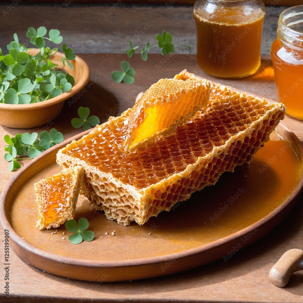 Honeycomb with honey on wood rustic table. Bee products. Natural medicine Honeycomb with honey on wood rustic table. Bee products. Natural medicine