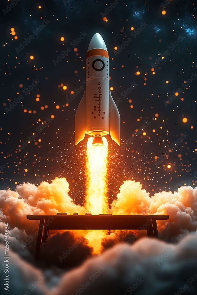 Fototapeta premium Rocket launching from a table in the clouds, reaching for the stars
