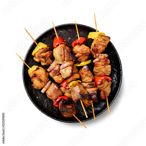 Kebabs - grilled meat skewers, shish kebab with vegetables isolated on white background, top view