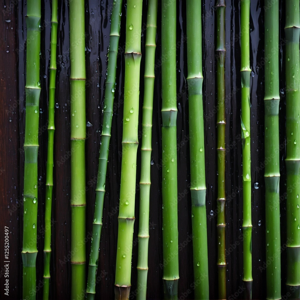 Vibrant green bamboo stalks laid neatly on a dark wooden surface, adorned with fresh water droplets, evoking serenity and nature's elegance. Vibrant green bamboo stalks laid neatly on a dark wooden surface, adorned with fresh water droplets, evoking serenity and nature's elegance.