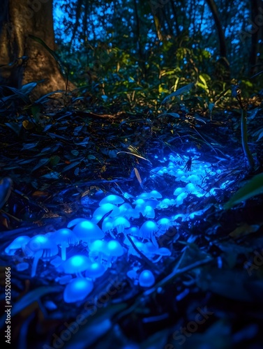 A mesmerizing image of bioluminescent fungi glowing faintly in the undergrowth, with insects scurrying nearby. photo