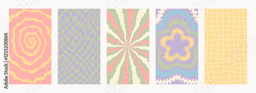 Retro pattern set. Abstract psychedelic Groovy backgrounds in retro colors. Twisted vector texture in trendy y2k style. Vector graphic for posters and art prints