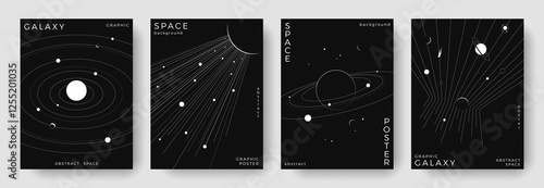 Set of abstract space astronomy backgrounds. Line art galaxy, universe, planet, solar system. Science future concept. Cosmic minimalist design for cover, poster, layout, banner, flyer, brochure