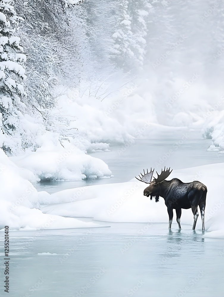 Obraz premium A moose standing strong in a freezing river as ice flows drift past.