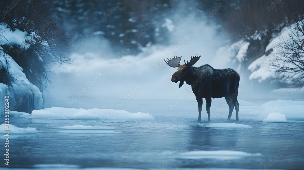 Obraz premium A moose standing strong in a freezing river as ice flows drift past.