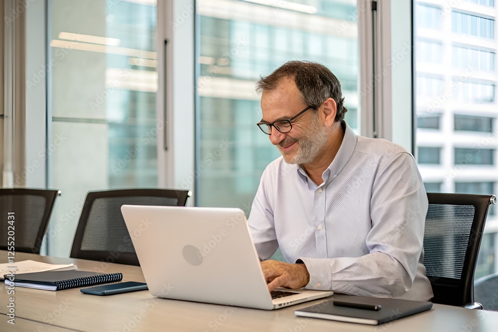 Confident Mature Indian or Latin CEO or Trader Working on Laptop, Analyzing Market Data, Planning Tech Strategy in Modern Office Confident Mature Indian or Latin CEO or Trader Working on Laptop, Analyzing Market Data, Planning Tech Strategy in Modern Office
