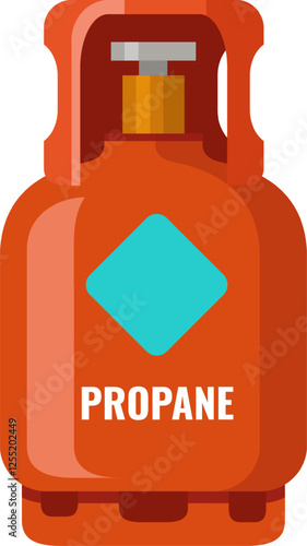 Orange propane gas cylinder with safety handle and label containing flammable pressurized gas, used for camping, cooking, heating and industrial purposes