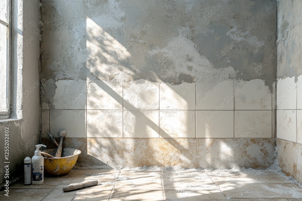 Abandoned sunlit room with cracked walls and scattered tools Abandoned sunlit room with cracked walls and scattered tools