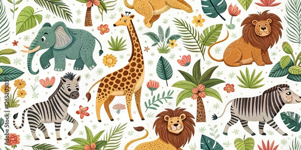 Obraz premium Vintage Anime Zoo Animal Illustrations Pattern - Bold Retro Style Art Print