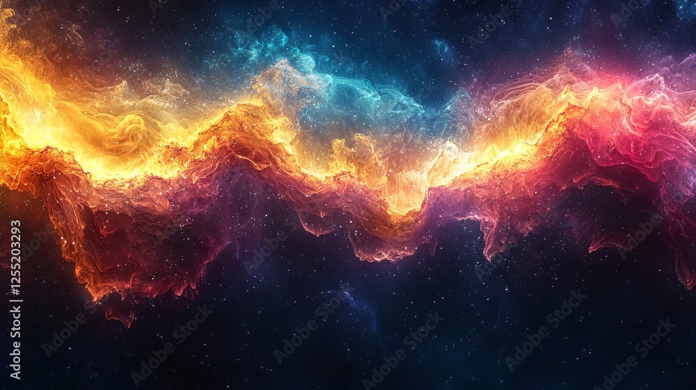 Obraz premium Vibrant cosmic nebula with swirling orange, pink, and blue hues, creating a mesmerizing celestial landscape perfect for space-themed projects.