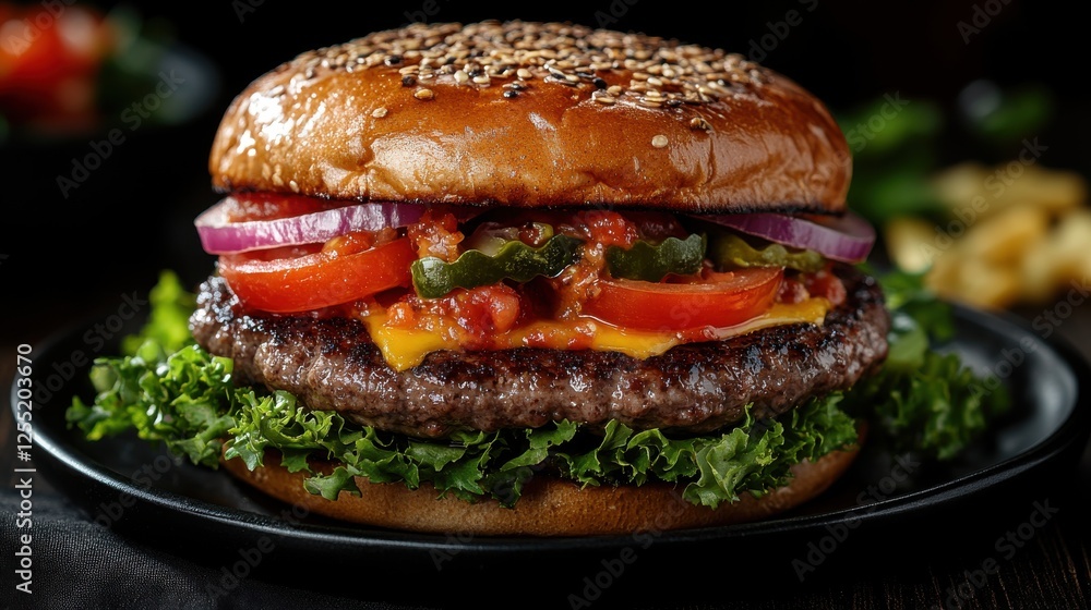 delicious burger served on a black plate isolated on transparent background delicious burger served on a black plate isolated on transparent background