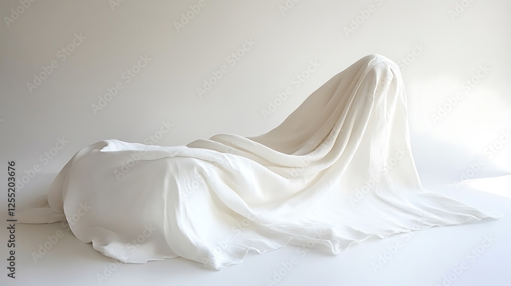Abstract sculptural chair covered in white fabric; minimalist design; studio shot; artistic piece; possible use interior design catalog Abstract sculptural chair covered in white fabric; minimalist design; studio shot; artistic piece; possible use interior design catalog