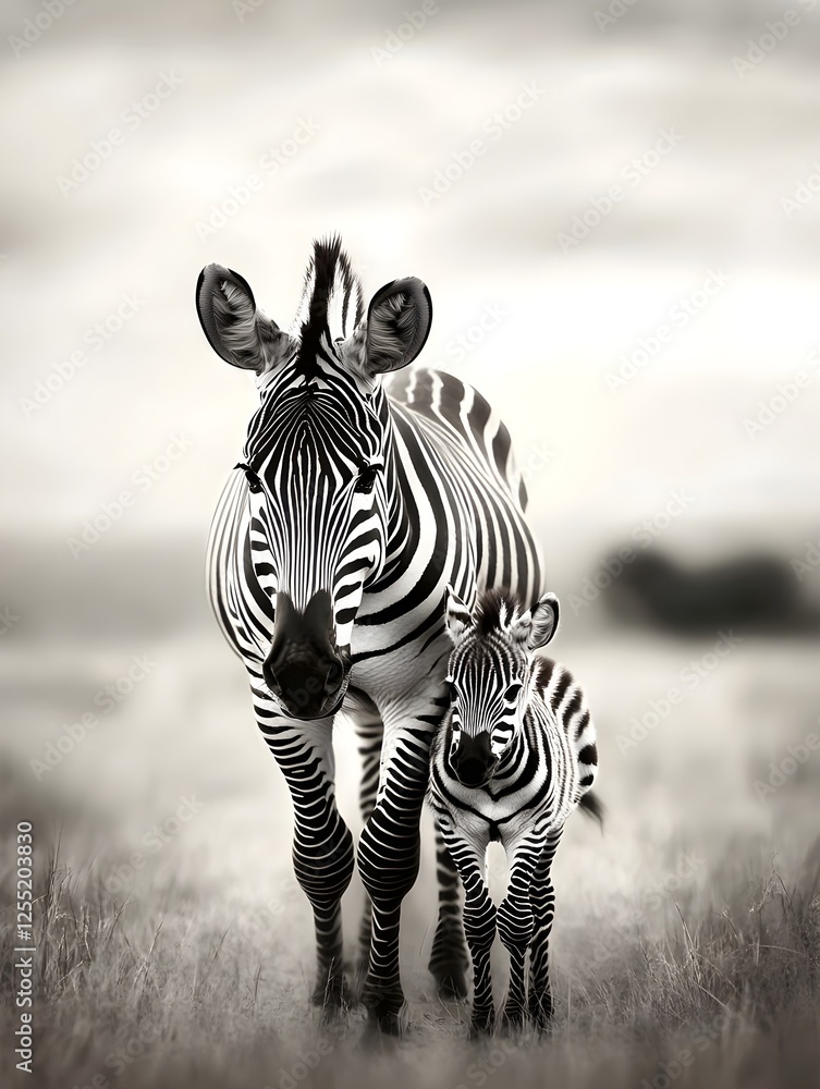 Obraz premium A mother zebra leading her young through an endless savannah, their black-and-white patterns blending together.
