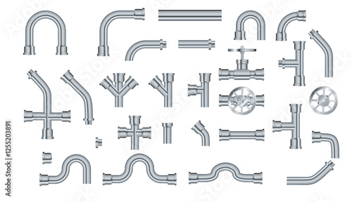 Pipe. Metallic pipes plumbing fittings. Industry pipeline. Vector