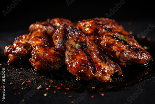 Deliciously grilled jerk chicken pieces with spices on a dark background