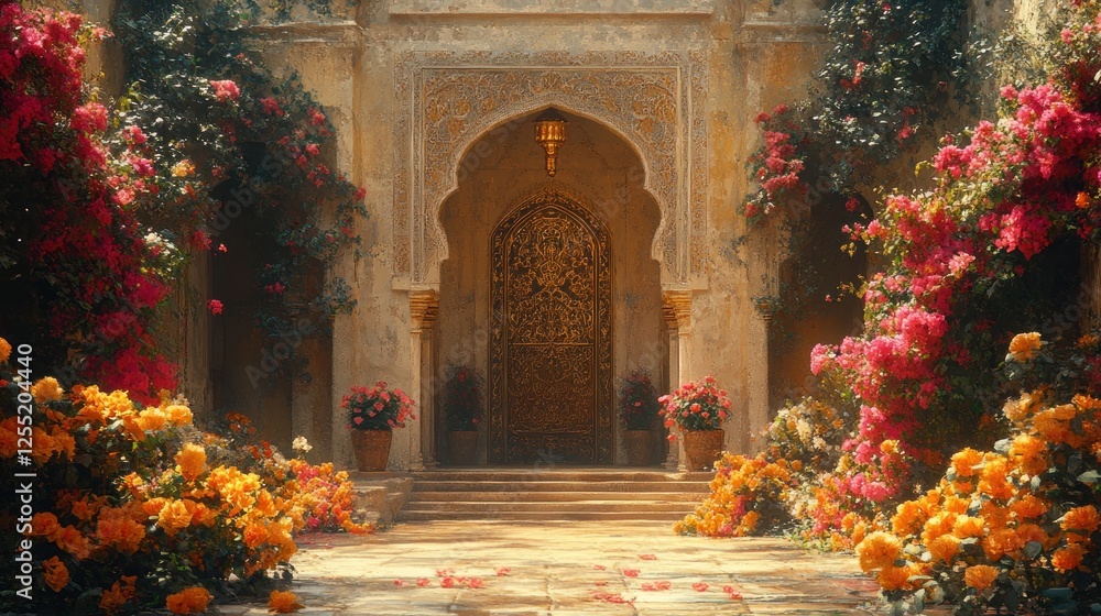 Ornate golden door, lush gardens, pathway, ancient architecture.