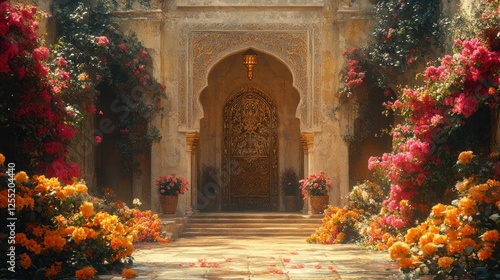 Obraz na płótnie Ornate golden door, lush gardens, pathway, ancient architecture. w salonie