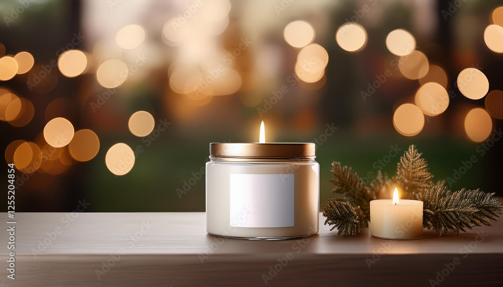 A luxury candle product mockup with a cozy background, soft bokeh lights, and elegant branding design A luxury candle product mockup with a cozy background, soft bokeh lights, and elegant branding design