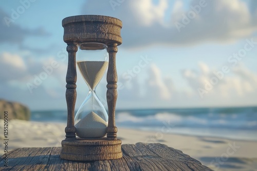 Weathered Wooden Hourglass Displaying Sand Flow Overlooking Blurred Beach Scene photo