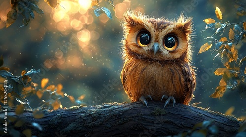 Adorable baby owl perched on a branch at sunset. photo